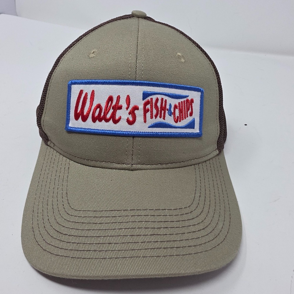 Port Authority Trucker Cap Hat Mens Beige Brown Walt's Fish & Chips Embroidered